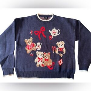 Debut Women’s Navy Sweater with Bear and Bow Design- Small/Medium